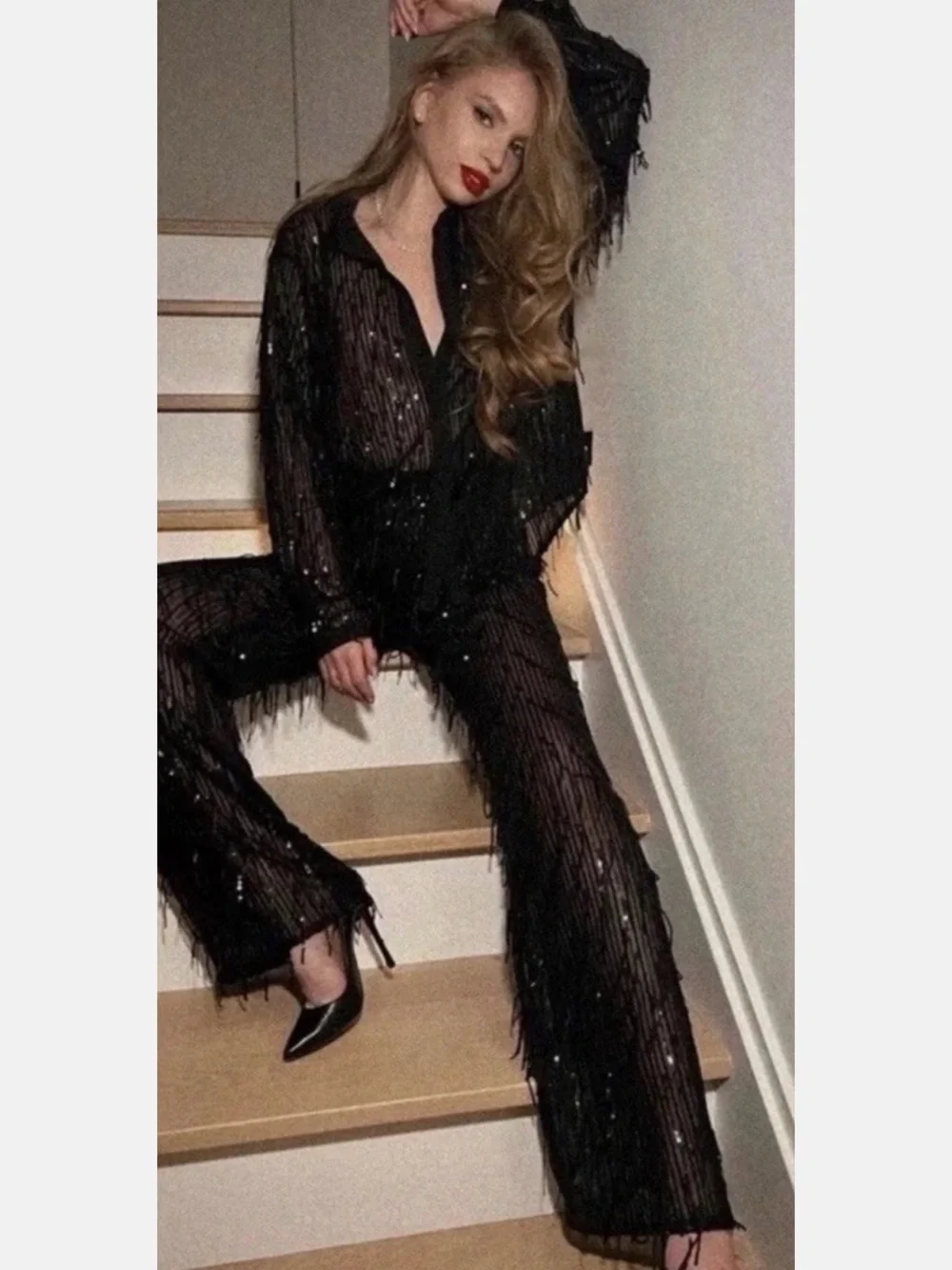 Black Sequin Fringe Pants and Top- Zara